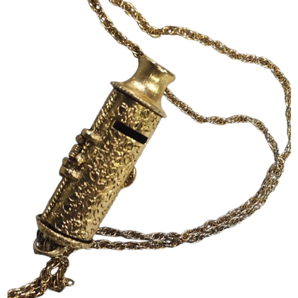 Rare Vtg 1970s  Max Factor Solid Perfume Gold Tone Whistle Pendant Necklace - Picture 4 of 6